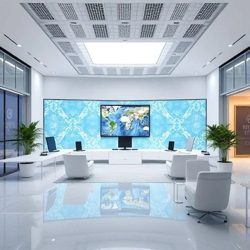 Intricate shimmering data city with crystalline structures and energy conduits, floating above a nebula.